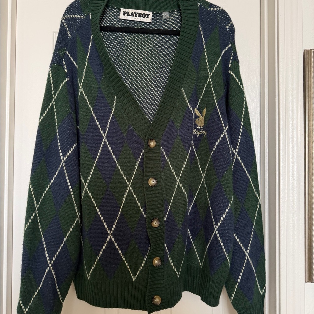 Playboy Navy and Forest Green Argyle Cardigan Sweater